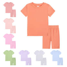 一件代发居家服纯色休闲夏装螺纹短袖短裤女坑条短袖运动服批发