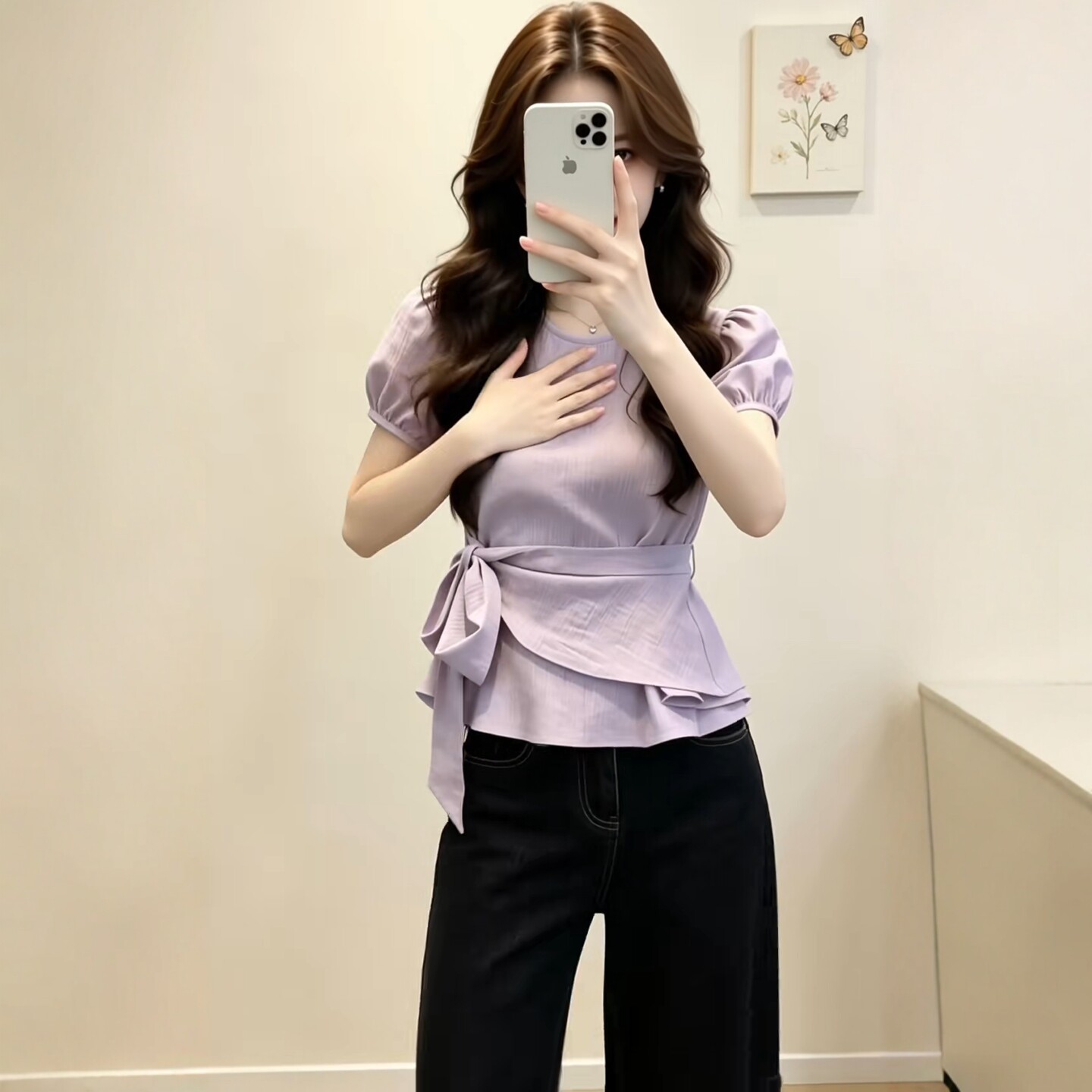 Áo sơ mi ngắn tay thiết kế thắt lưng eo, dáng suông nhẹ, phong cách Pháp — màu tím chi tiết 3