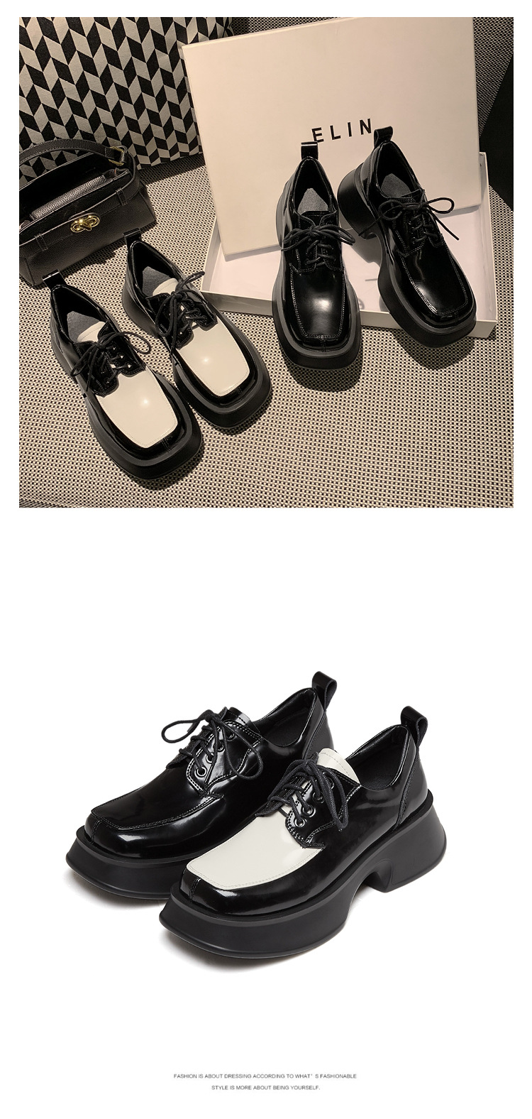 Giày loafer nữ đế xuồng platform da thật buộc dây phối màu đen trắng — màu đen chi tiết 20