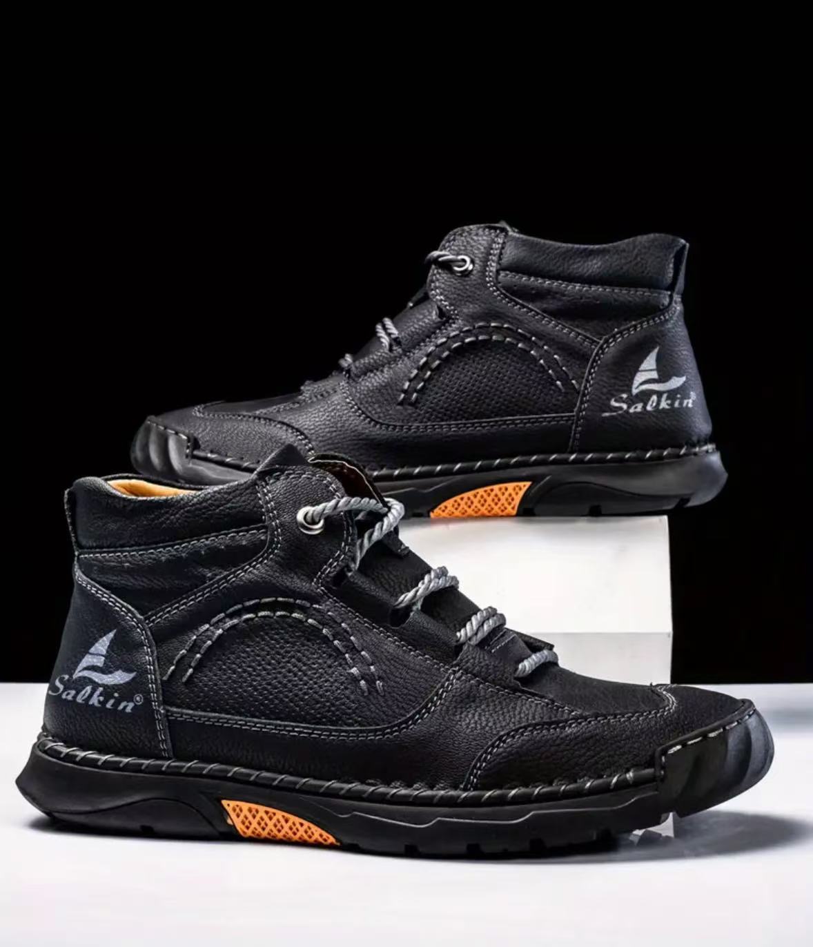 Plus-Size Men's Pu Leather Boots Men's Fashion Hand-Sewn Ankle Boots Flat Lace-Up Casual Shoes_vogvips.com