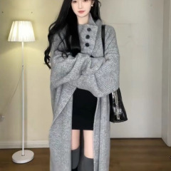 慵懒风大翻领中长款美拉德穿搭针织开衫女秋冬季新款高领宽松大衣