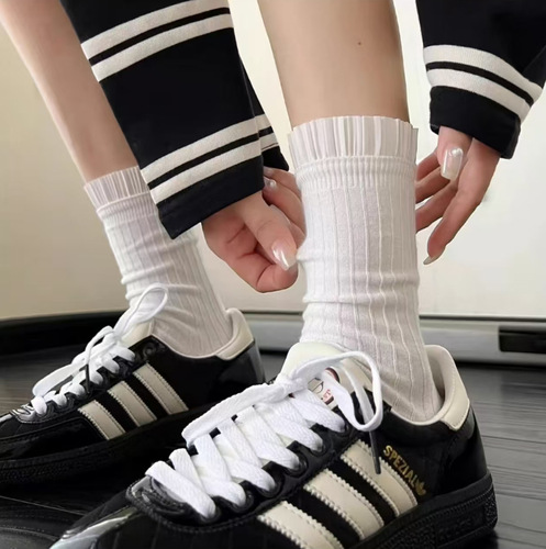 Spring and Autumn ballet-style pure desire lace socks JK white calf socks black mid-calf socks for girls vertical ribbed socks