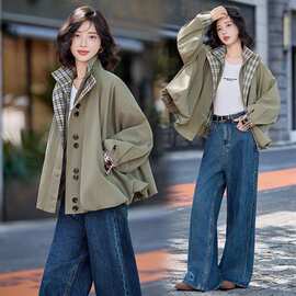 新款款灯笼外套女咸菜绿立领格子拼接洋气一手长风衣