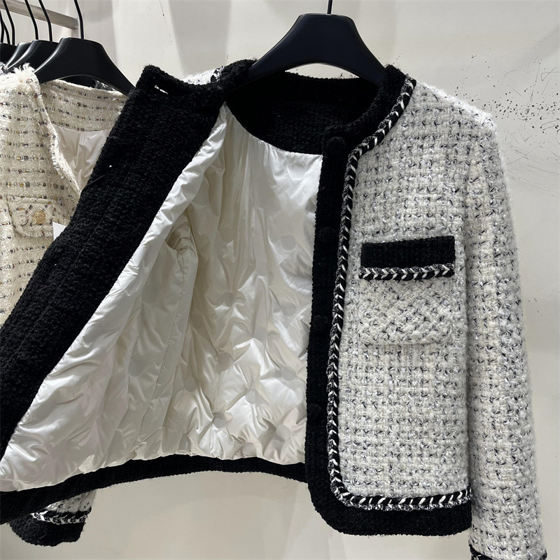Chanel-Style Women's Winter New French Short down Jacket with Contrasting Colors, Thickened White Duck down Lining, and Tweed Coat