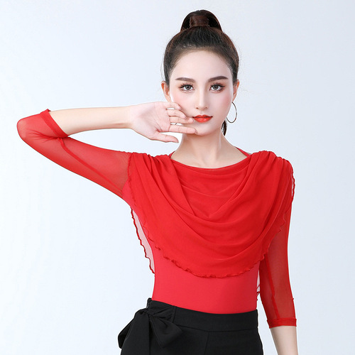 Modern dance practice clothes for women Latin three-quarter sleeve mesh tops new Latin dance dance shirts square dance clothes