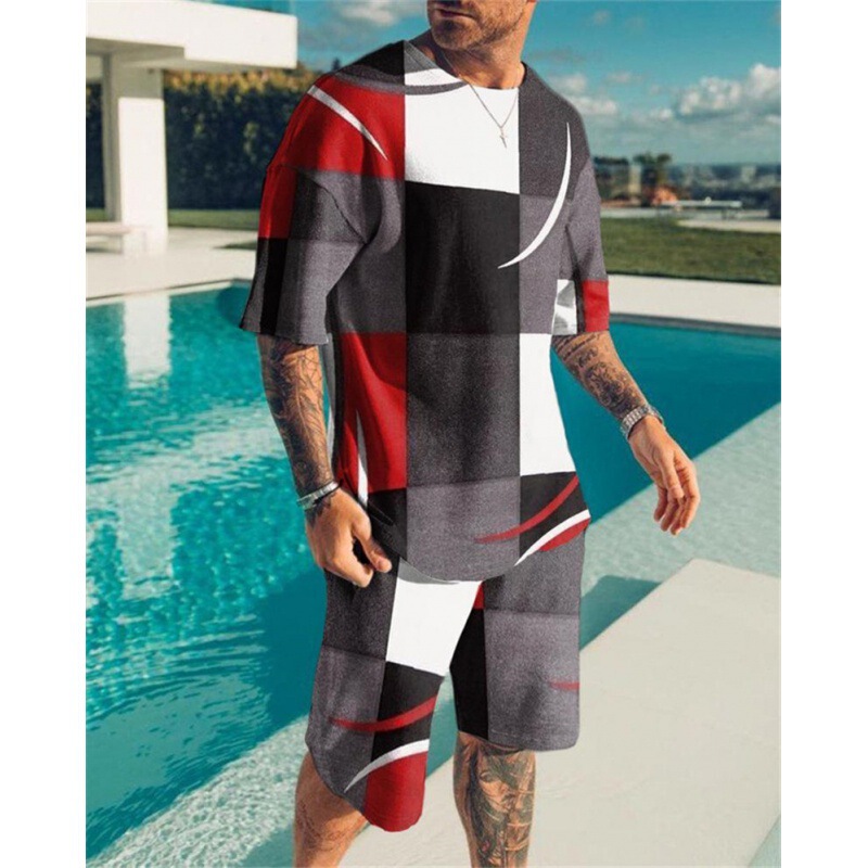 Summer men's fashion suit geometric pattern stitching 3D printing men's 2022 T-shirt shorts sportswear Summer men's fashion suit geometric pattern stitching 3D printing men's 2022 T-shirt shorts sportswear