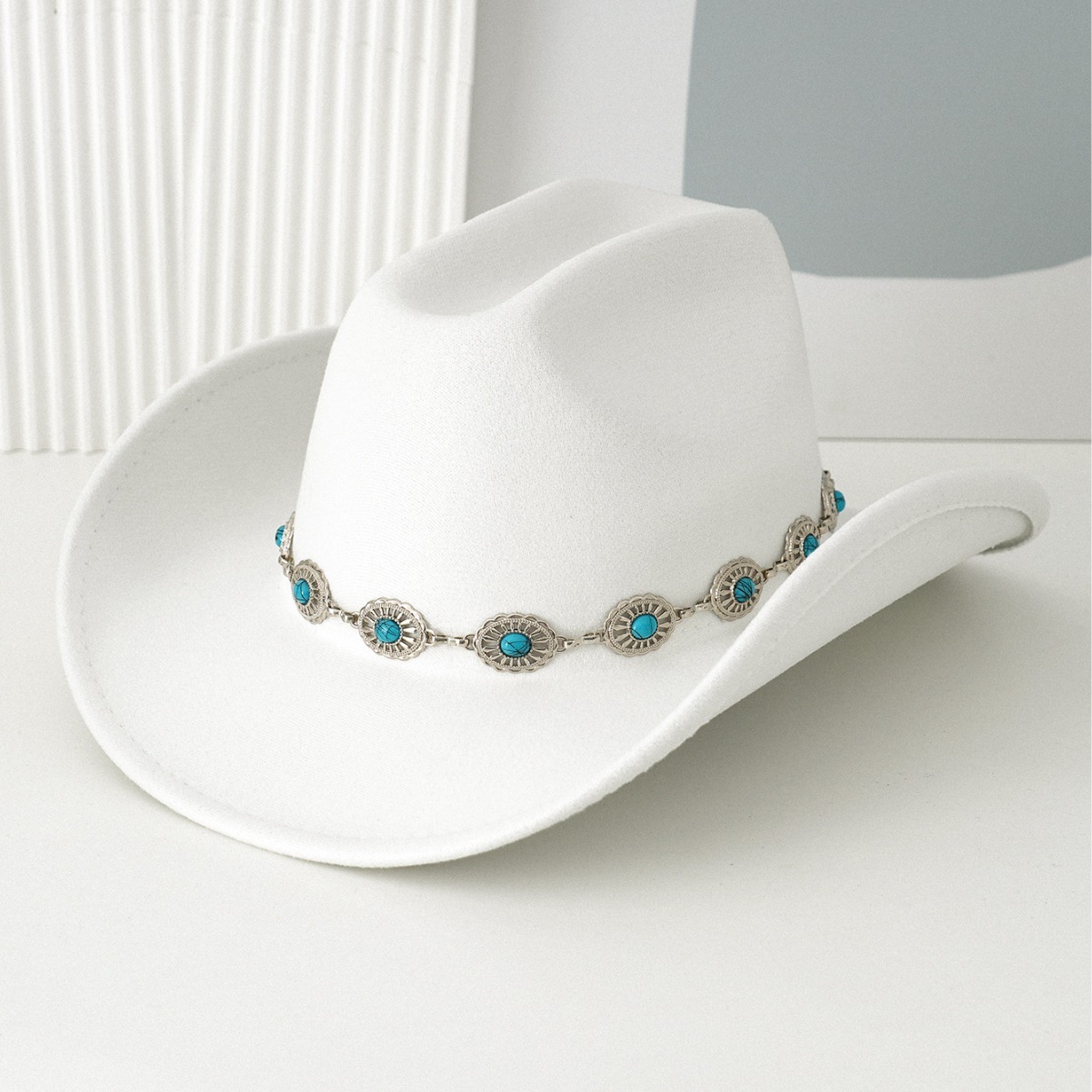 Chapeau de cowboy unisexe turquoise à larges bords, style bohème rétro tendance, avec ceinture, pour femmes_voghion.com