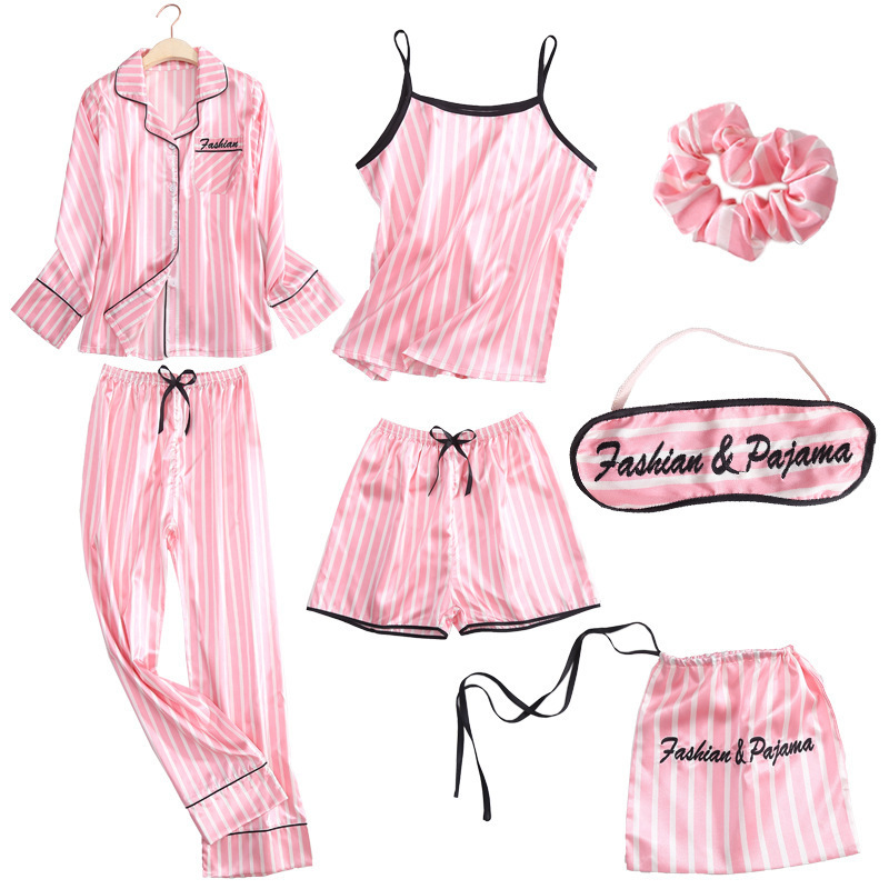 Silk Pajamas for Women That Can Be Worn in All Seasons, Summer Seven-Piece Set, Spring Long-Sleeved Shorts, Suspenders, Striped Ice Silk Home Wear Set