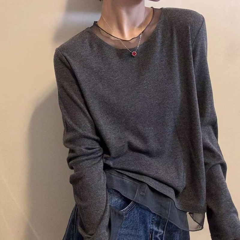 Korean-Style Round-Neck Long-Sleeved T-Shirt for Women with Mesh Hem and Stylish Versatile Elastic Casual Top 10177 Korean-Style Round-Neck Long-Sleeved T-Shirt for Women with Mesh Hem and Stylish Versatile Elastic Casual Top 10177