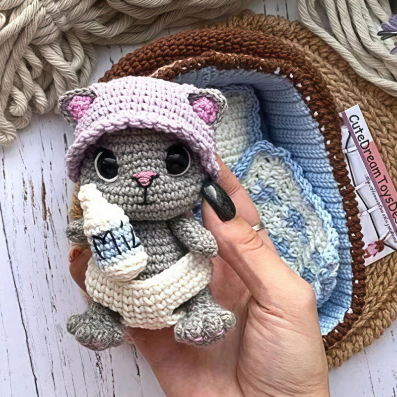 跨境手工毛线钩针编织玩偶材料包可爱摇篮与猫摆件装饰品