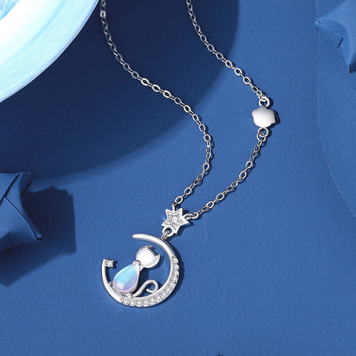 Original star and moon cat necklace female sterling silver ins niche moonstone pendant internet celebrity girl heart necklace cross-border jewelry