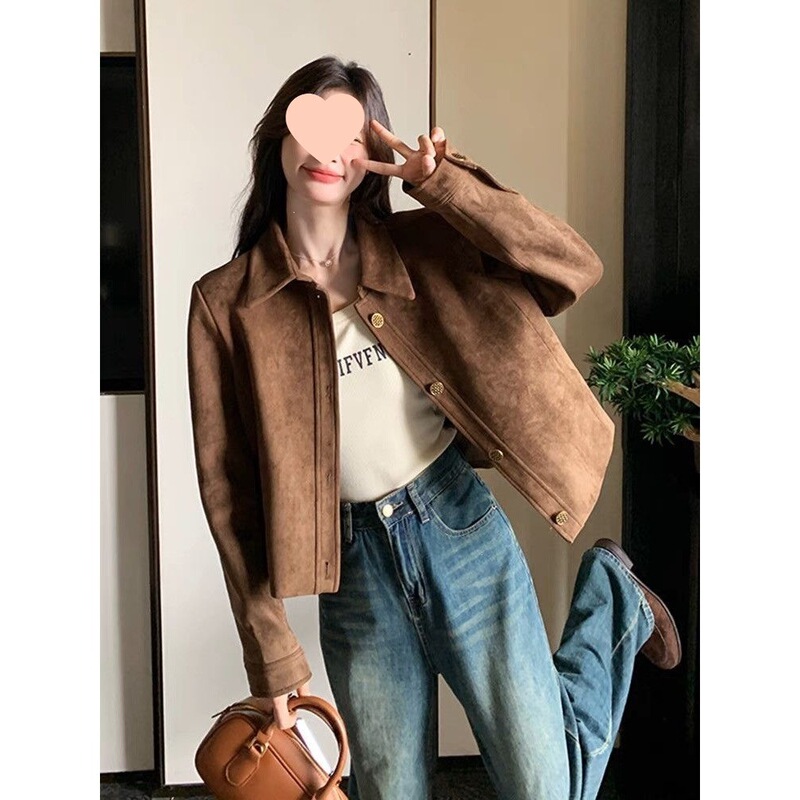 New 2026 Korean-style autumn retro chic short jacket in coffee color, casual top for petite women
