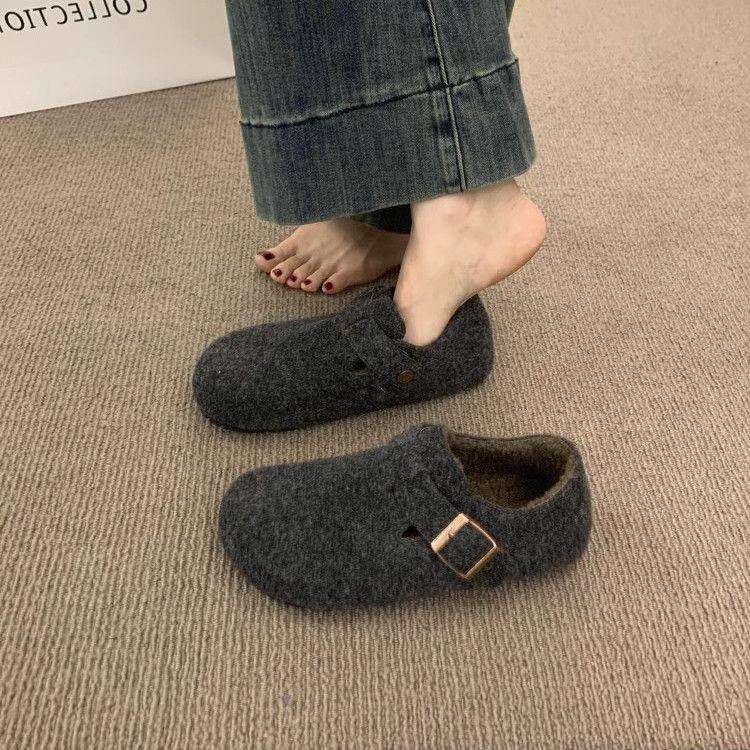 复古圆头毛毡加绒勃肯鞋女加绒秋冬季一脚蹬保暖棉瓢鞋毛呢乐福鞋|undefined