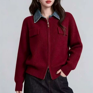牛仔拼接翻领假两件针织开衫女秋冬宽松软糯双头拉链百搭毛衣外套