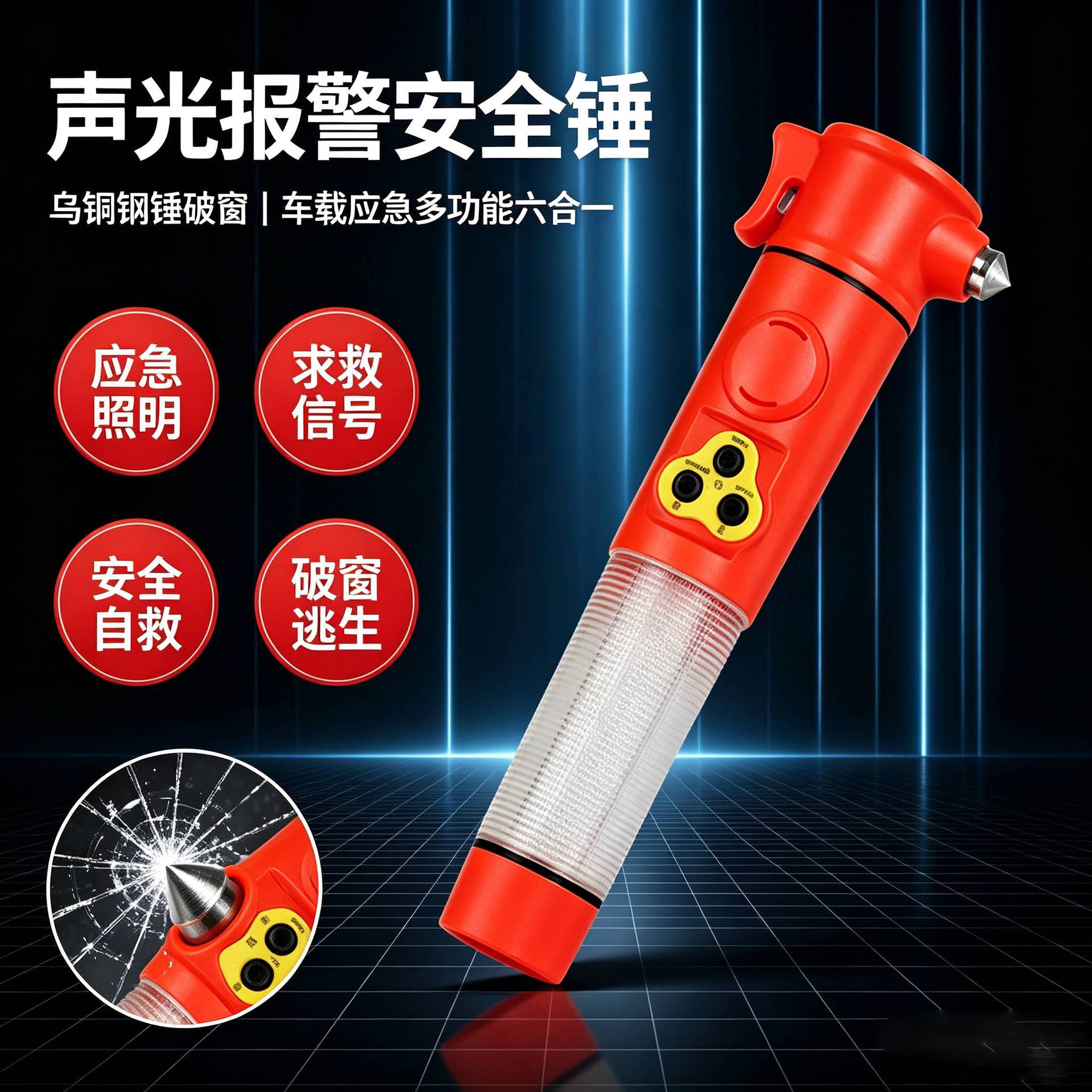 Car six-in-one window breaker hammer, a multi-functional emergency tool for breaking car windows and escaping from a vehicle