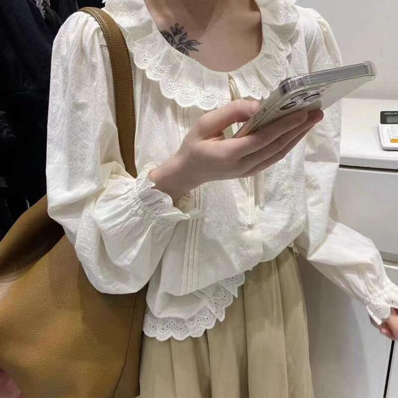 Gentle Single-Breasted New Lace-Up Shirt Lace Long-Sleeved Top French Loose Slim Collar Women's Autumn Clothing