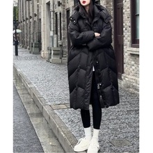 高级感黑色中长款过膝时尚棉服女冬季新款韩版宽松加厚连帽外套潮