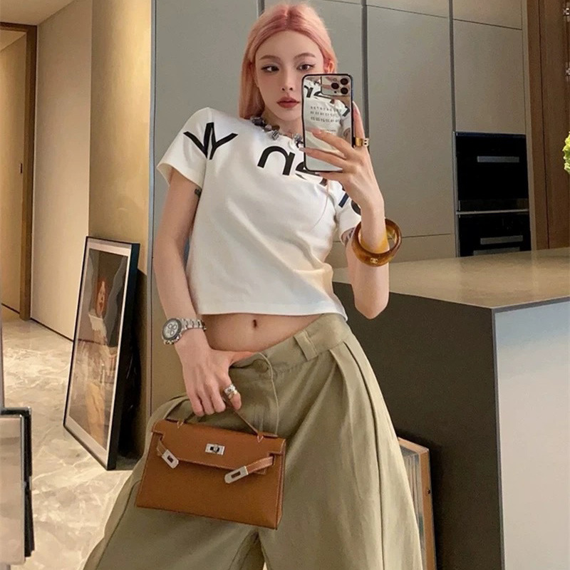 OPE * YY韓国系シンプルなロゴプリントの丸首の短いタイプのウエストギャルは半袖tシャツの上着の女性を修理します。