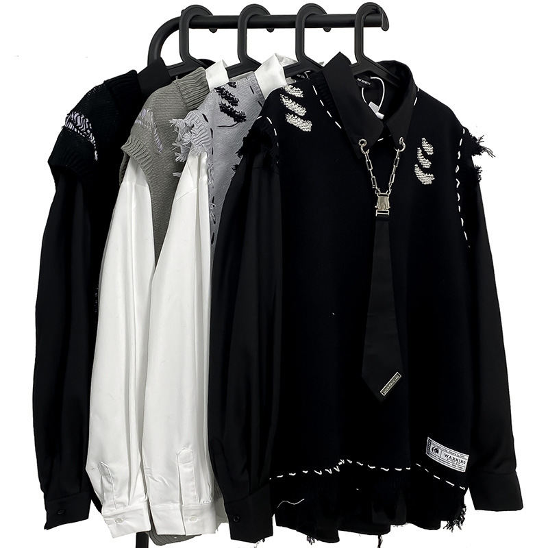 American-style vibe high-street destructive sense fur-edged vest sweater men's street trendy sleeveless sweater ins high-end sense