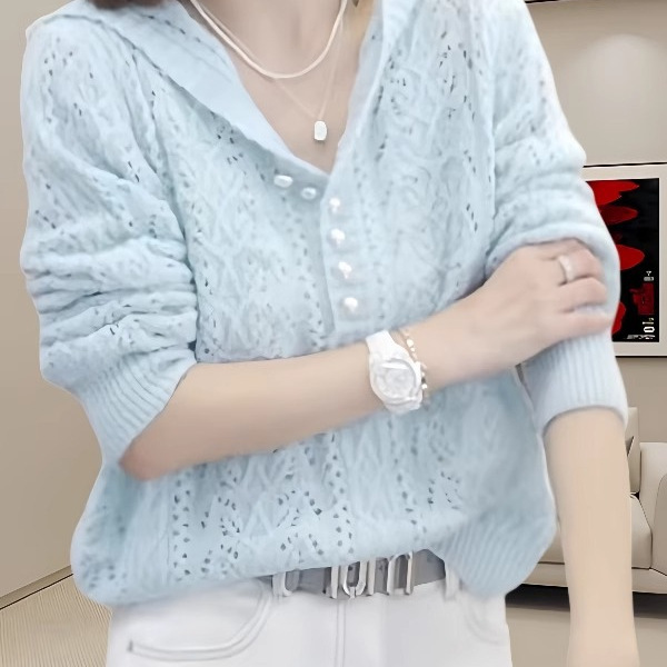 High-End Loose-Fitting Long-Sleeved Hooded Knitwear 2026 Spring New Fashion Style Thin Sweater with Cut-Out Design High-End Loose-Fitting Long-Sleeved Hooded Knitwear 2026 Spring New Fashion Style Thin Sweater with Cut-Out Design