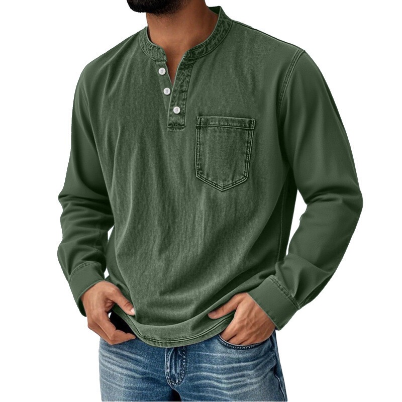 Spring and Autumn European and American Cross-Border Men's 3D Printed Three-Button Long-Sleeve T-Shirt, Young Men's Casual Trendy Open-Front T-Shirt