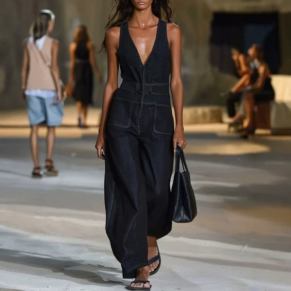 2026 New Amazon Independent Site European and American Casual Fashion Deep V-Neck Sleeveless Denim Jumpsuit Wide-Leg Pants