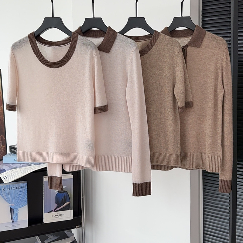 25 Autumn/Winter Women's New Collection L/P Color-Block Collar Cashmere Loose Old Money Style T-Shirt Short Sleeve + Knitted Long Sleeve Top