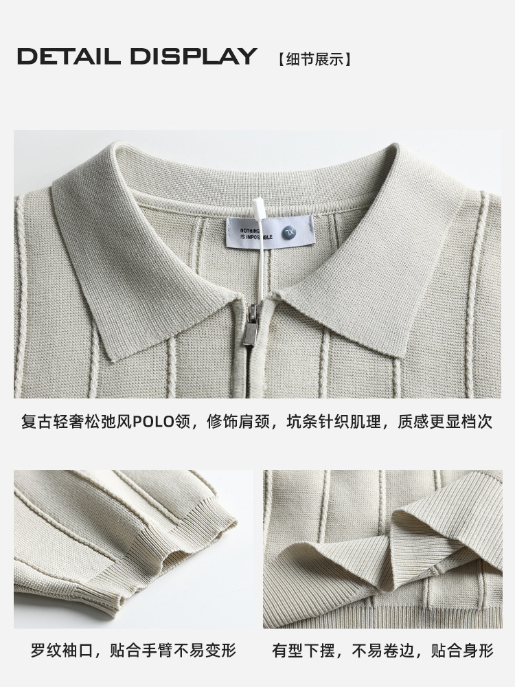 Lujo ligero de alta calidad zipper jersey polo camiseta de hombre manga corta con solapa vertical texturizada camiseta de alta calidad ropa de hombre
