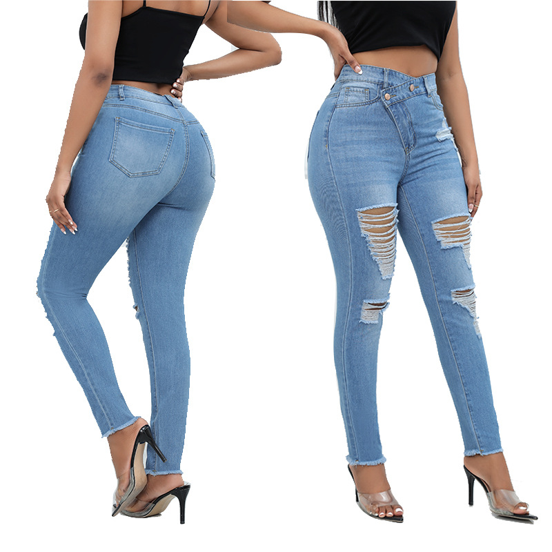 New Fashion Denim Ripped Long Pants, Sexy High-Waisted European And American Slim-Fit Pants For Women 2023_ecoleips.com