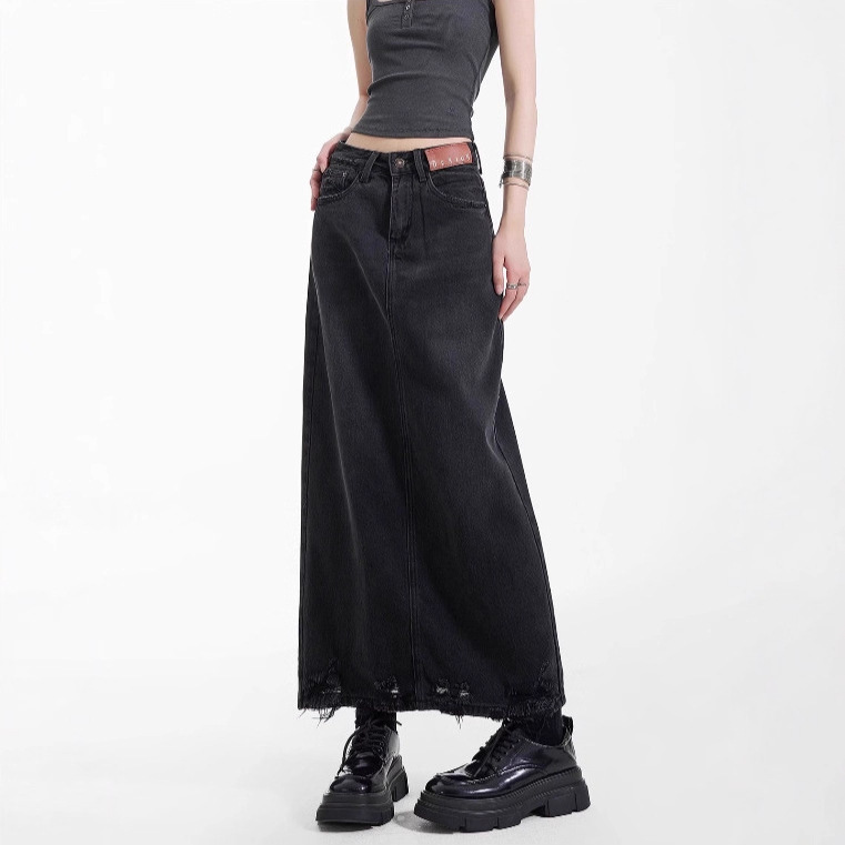 Foreign Trade American Smoke Gray Asymmetrical Slit Denim Skirt 2025 Autum New High-Waisted Straight Mid-Length Skirt Foreign Trade American Smoke Gray Asymmetrical Slit Denim Skirt 2025 Autum New High-Waisted Straight Mid-Length Skirt