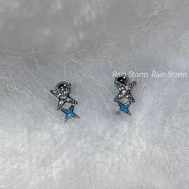 双子四芒星钛钢耳骨钉蓝色滴油星星耳蜗钉超闪精致耳钉