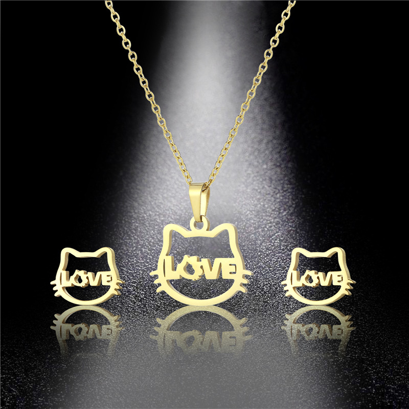 Cat Pendant Necklace Three-Piece Earrings Set Kitten Love Sweater Chain Womenu0027s Gold-Plated Fash