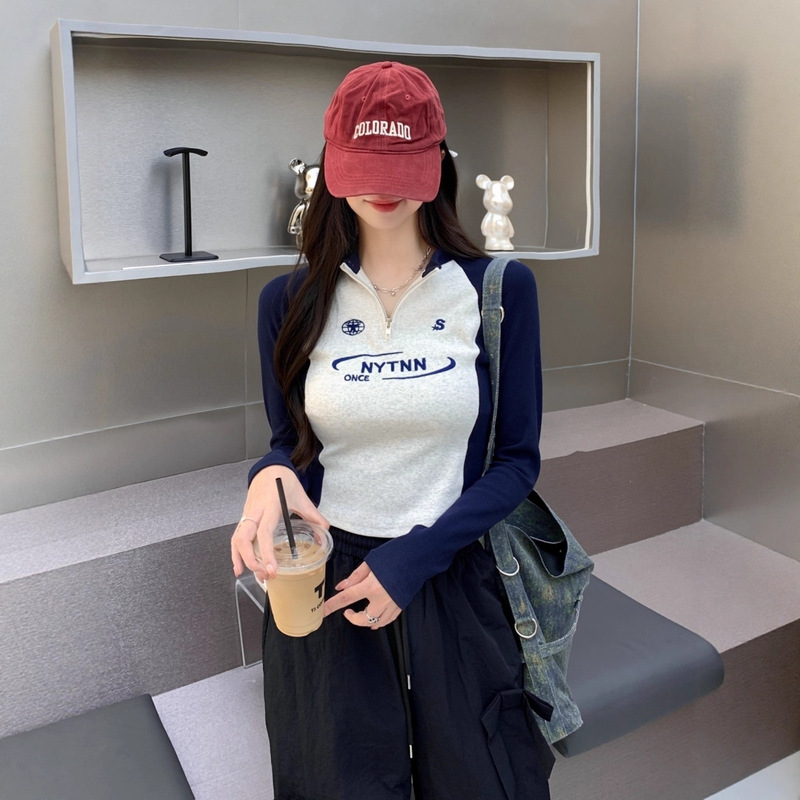秋季新款长袖T恤女刺绣拉链撞色插肩袖设计感女装上衣服长袖女t恤|undefined