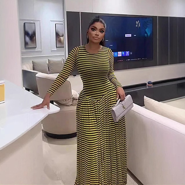 2025 Winter New European and American Cross-Border Women's Clothing Amazon Hot Selling Fashion Stripesd Long-Sleeved Slim Fit Dress