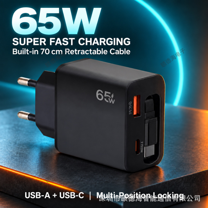 Gallium nitride PD65W charger with a built-in retractable Type-C cable, a high-performance charging adapter for mobile phones, and a USB fast-charging adapter