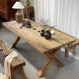 侘寂风风化木原木桌实木茶桌家用大板木桌长方形风化板餐桌家具