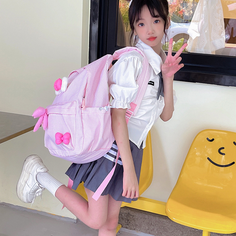 Mochila para niños y niñas a cuadros de estilo occidental, lindo lazo, literario, escuela de escuela primaria, mochila escolar, nueva mochila para niños