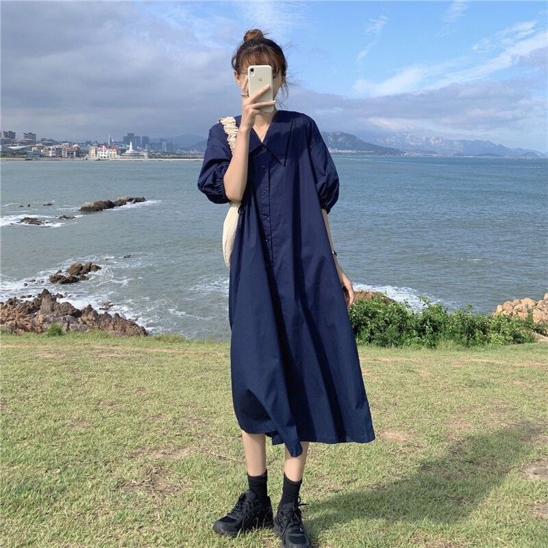 Unmun Korean Style Slimming French Retro Long Shirt Dress Plus Size Loose Fit Elegant Puff Sleeve Long Dress