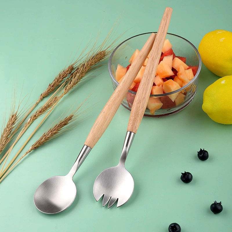 Деревянная ручка из нержавеющей стали вилка для салата ЛОЖКА САЛАТ смешивания ложка салат больше салат смешивания костюм оптом