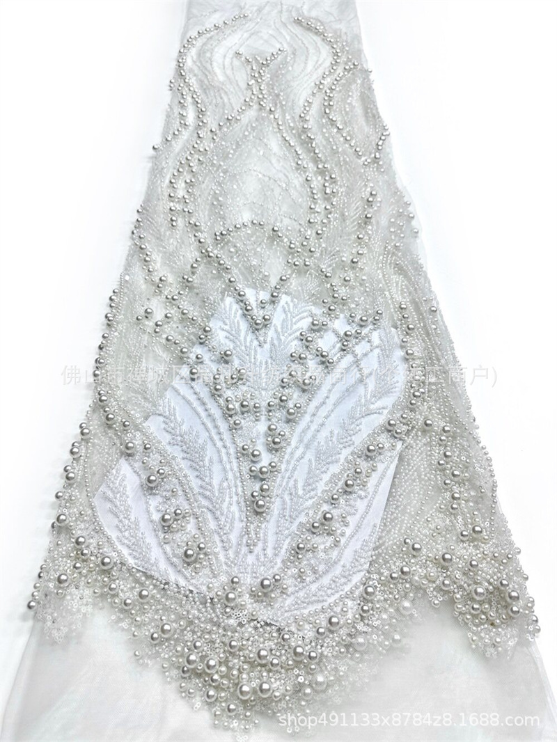 Peacock Feather Heavy Duty Pearl Pipe Mesh Fabric Fonytail Clavado a mano Beads Fishtail vestido de boda tela