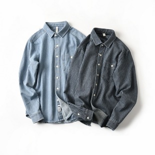 Denim Shirt Men's Spring and Autumn New American Casual Retro Trendy Brand Jacket Loose Vertical Striped Long-Sleeved Shirt