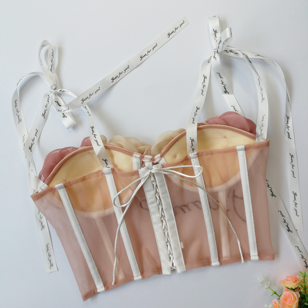 Lencería sexy con almohadilla en el pecho corto ver a través de la correa bellyband expuesto ombligo sexy Correa chica linda flor tubo superior