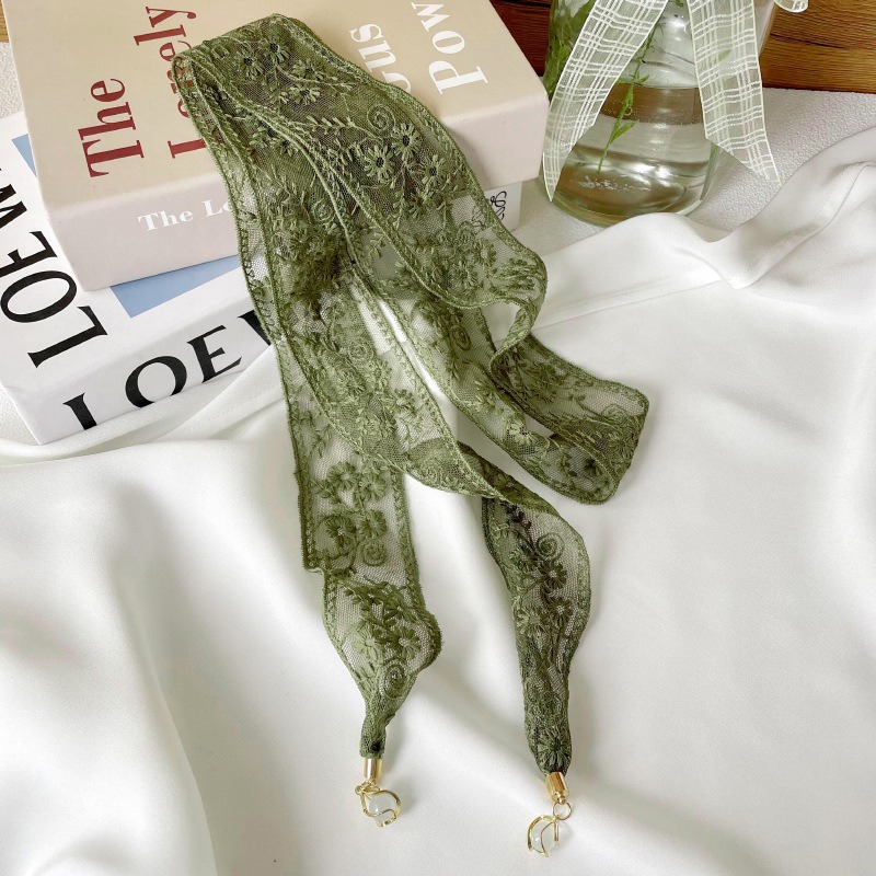 Pequeña correa de cabello personalizada nueva flor de encaje coreano decoración bufandas pequeñas bufandas delgadas colgante largo seda