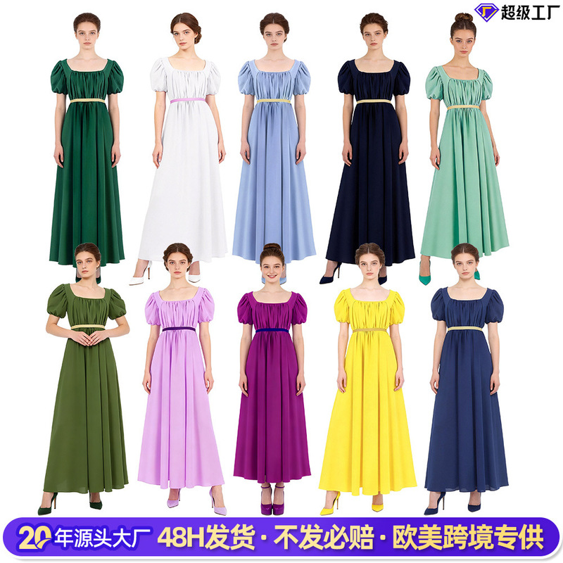 5 Bridgerton Cosplay Costumes Retro Regency Dress Halloween Victorian High-Waisted Tea Dress Long Gown