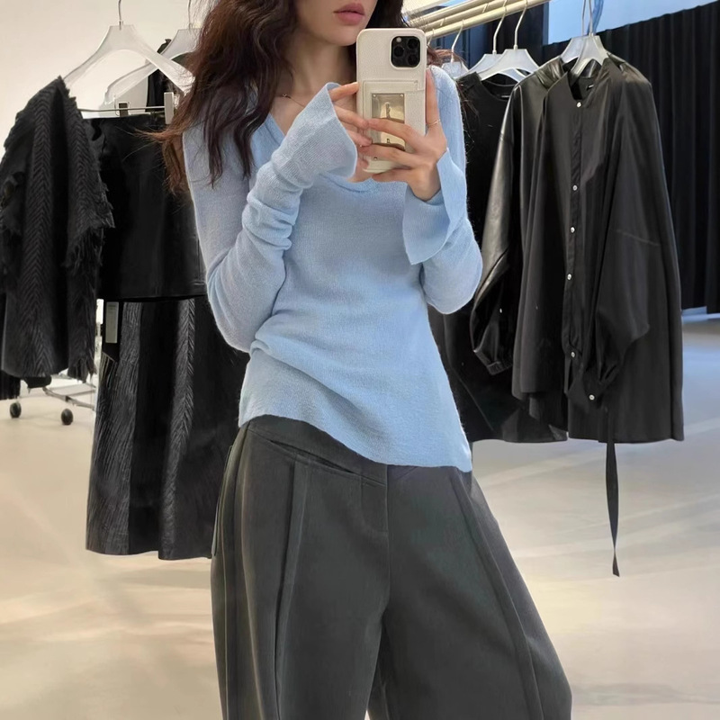 AN Maiden Korean-style U-neck Blue Simple Knitted Sweater Women's Spring Tight Waist Shoulder Flare Sleeve Inner Top