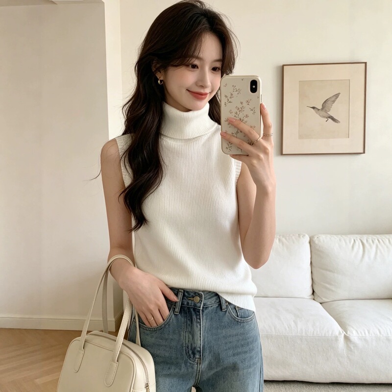Fashionable French-Style High-End Coffee-Colored Half-High Collar Sleeveless Autumn and Winter New Sweater, Tight-Fitting Base Layer Top for a Spicy Look