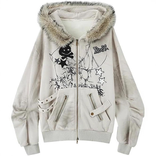 Autumn Winter Season American Street Style Fur Collar Rabbit Ear Zipper Hooded Sweatshirt Jacket Y2K Print Women's Top_voghion.com