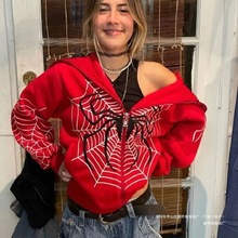 2025秋季跨境蜘蛛网拉链卫衣女款休闲潮连帽衫春秋抓绒美式外套