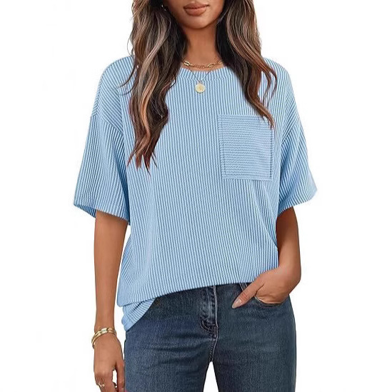 Amazon Cross-border European and American Women's Summer Short-sleeved Patch Pocket Top Oversized Round Neck Texture Casual Basic T-shirt