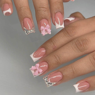 New Bow Shine Nail Art with Full Diamond French White Fashion Simple Dressing Armor Pink Bow Fake Nail